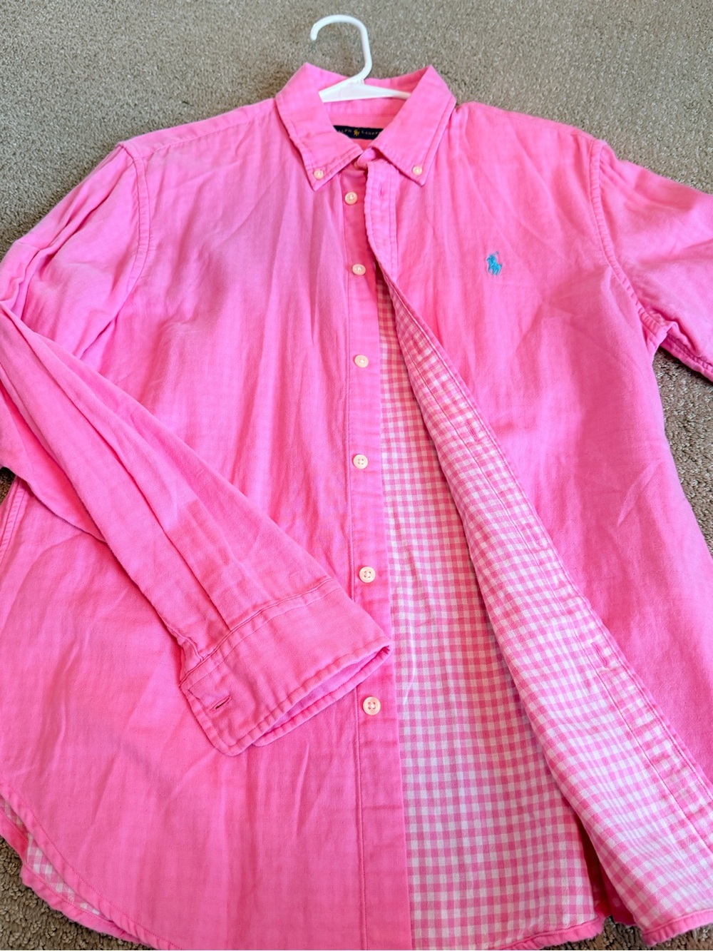 Ralph Lauren Pink Cotton Button Down Shirt with Inside Gingham Print Large NWOT - Picture 2 of 14